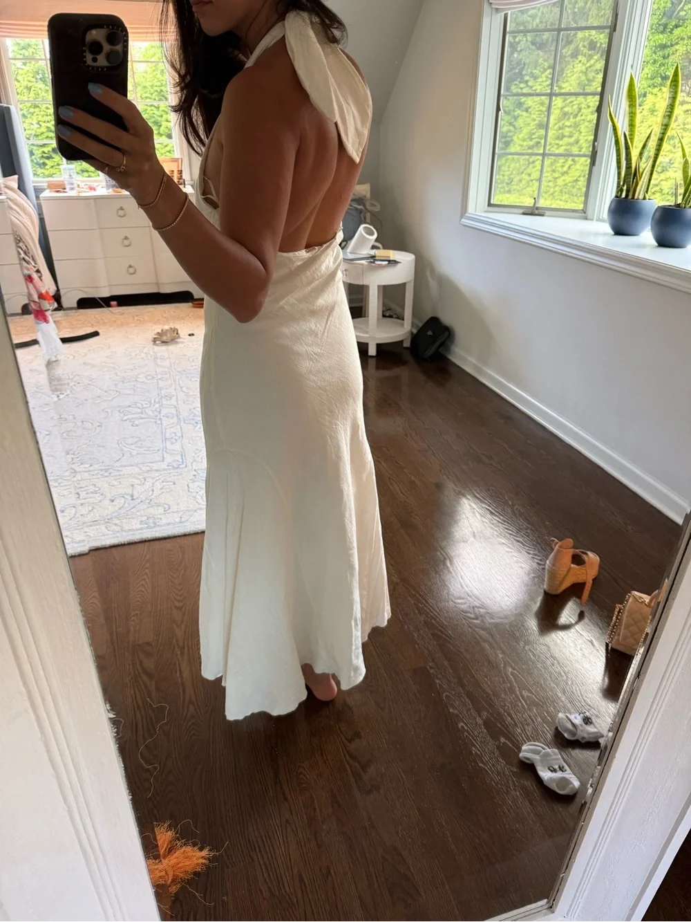 cult gaia ivory halter button-front midi dress linen with wrapped buttons - Picture 4 of 12
